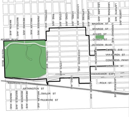 Harrison/Central TIF district map, roughly bounded on the north by Madison Street, Polk Street on the south, Lavergne Avenue on the east, and Austin Boulevard on the west.